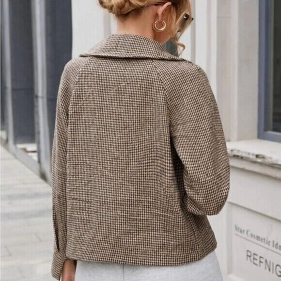 Houndstooth Zip Up Flap Pocket Raglan Sleeve Short Jacket S - Picture 5 of 12